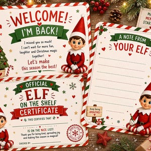 Könnte beinhalten: Drei weihnachtliche Schreibkarten mit rot-weiß gestreiftem Rand. Die Karten zeigen Illustrationen eines Elfen im roten Anzug, einen kleinen Weihnachtsbaum und Text, darunter Welcome I'm Back, Official Elf on the Shelf Certificate und A Note From Your Elf.