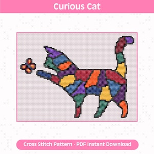 May include: A cross stitch pattern titled Curious Cat featuring a multi-coloured cat composed of geometric shapes in shades of purple, blue, orange, red, yellow, and green, reaching out with one paw towards a small, colourful butterfly.