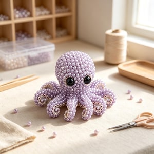Puede incluir: Una figura de pulpo hecha a mano con numerosas cuentas pequeñas de color morado claro. La criatura presenta dos ojos grandes de color negro brillante y ocho tentáculos, cada uno detallado con un anillo de cuentas blancas en la parte inferior.