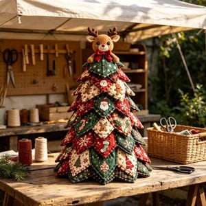 Peut inclure: Une décoration de sapin de Noël en tissu composée de pièces matelassées en forme de losange superposées, dans des tons rouge, vert et crème. L'arbre présente des motifs festifs de Père Noël, rennes, bonshommes en pain d'épice et flocons.