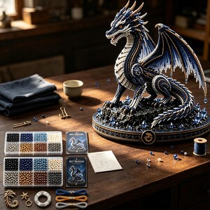 May include: A beaded dragon sculpture featuring blue, white, and gold beads on a dark base. The set includes two plastic bead organizers with assorted colored beads, two instruction cards labeled Sky Dragon, thread spools, and metal findings.