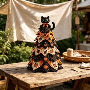 Può includere: Un albero decorativo in tessuto con un design a strati a forma di petalo in nero e arancione. Il motivo include illustrazioni di gatti neri e zucche arancioni. Un gatto di peluche nero con occhi verdi e un fiocco arancione è in cima.