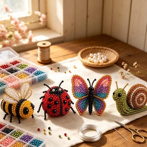 Op de afbeelding: Een set van vier kralenfiguren van insecten en dieren, waaronder een gele en zwarte bij, een rood en zwart lieveheersbeestje, een veelkleurige vlinder en een groene en bruine slak, gerangschikt met een kralenorganizer en een schaar.