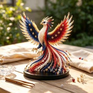 Könnte beinhalten: Eine aus Perlen gefertigte Phönix-Skulptur mit roten, weißen und blauen Glasperlen sowie goldenen Sternakzenten. Der Vogel ist mit ausgebreiteten Flügeln auf einem runden schwarzen Sockel dargestellt und zeigt eine detaillierte Handwerkskunst.