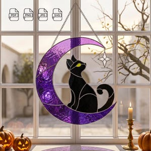 Halloween Cat on Moon Stained Glass Pattern, Celestial Suncatcher Template PDF, Instant Digital Download