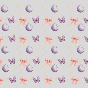 May include: A repeating pattern on a light gray background featuring purple crescent moons with small stars, light pink bows, and purple butterflies, interspersed with tiny yellow dots throughout the entire design.