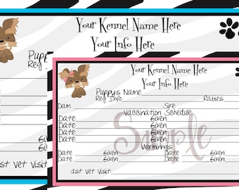 Digital Set of Boy and Girl zebra Yorkie  ,Customizable Vaccination Cards, and Bill of sale for Dog Breeders, Puppy Health Record.