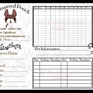 Digital Darling French Bulldog, cartões de vacinação personalizáveis para criadores de cães, registro de saúde de filhotes.