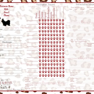 Pode incluir: Um registo de vacinação e medidas preventivas imprimível para um animal de estimação. O registo inclui secções para o nome do animal de estimação, data de nascimento, raça, sexo, marcas, mãe, pai, registo, ID do microchip, novo dono, informações do veterinário, informações sobre pensão e informações do tratador. O registo também inclui secções para vacinas, desparasitação/desparasitação, prevenção da dirofilariose, prevenção de pulgas e carraças e notas médicas.