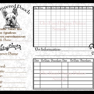Frenchie, cartões de vacinação personalizáveis para criadores de cães, registro de saúde de filhotes.