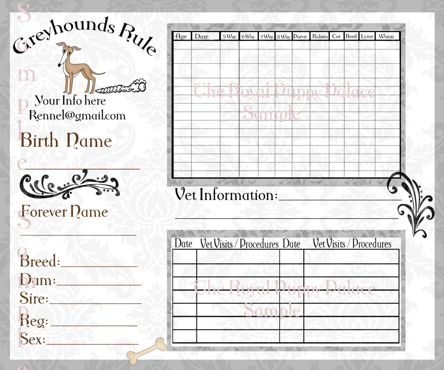 Greyhound Grey border  ,Customizable Vaccination Cards for Dog Breeders, Puppy Health Record.