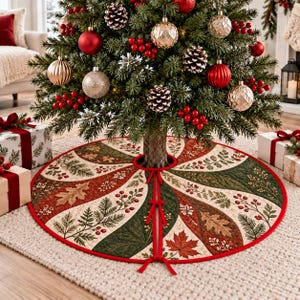 May include: A circular quilted Christmas tree skirt featuring a radial pattern of alternating cream, dark green, and rust-colored panels. The fabric displays printed botanical motifs including pine branches, oak leaves, and red berries with red trim.