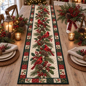 Peut inclure: Un chemin de table rectangulaire en tissu avec un panneau central crème orné d'un motif répétitif de cardinaux rouges, de branches de pin vertes, de pommes de pin brunes et de baies de houx rouges, bordé d'une bordure à carreaux rouge et vert.