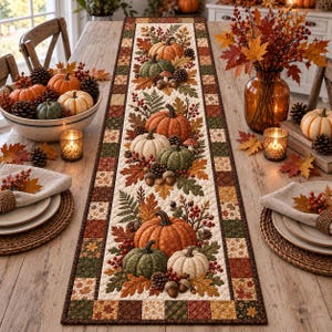 May include: A rectangular quilted table runner featuring a repeating pattern of orange, green, and white pumpkins, brown acorns, pinecones, and autumn leaves. The border consists of a patchwork design with squares in shades of brown, green, and orange.