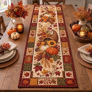 May include: A rectangular quilted table runner featuring a central print of a cornucopia filled with pumpkins, sunflowers, wheat, and autumn leaves, bordered by a patchwork pattern of fall-themed squares in shades of orange, red, and green.