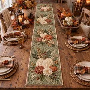 Peut inclure: Un long chemin de table matelassé vert sauge orné d'un motif brodé de citrouilles blanches et orange, de dahlias couleur rouille et de feuillage d'automne. Le chemin de table est centré sur une table en bois avec des couverts.