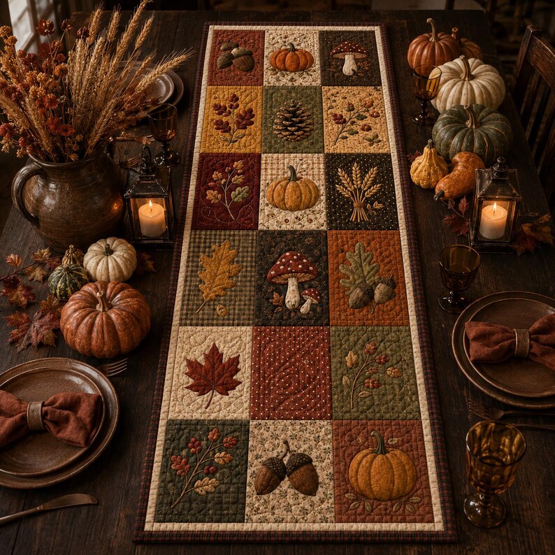 Quiltad lapptäcke höstlöpare, pumpa höstskörde matbordsdekor bild 3