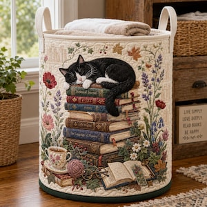 May include: A cylindrical fabric laundry hamper with two handles, featuring a quilted design of a black and white cat sleeping on a stack of books, surrounded by floral illustrations, a teacup, a ball of yarn, and an open book with text.