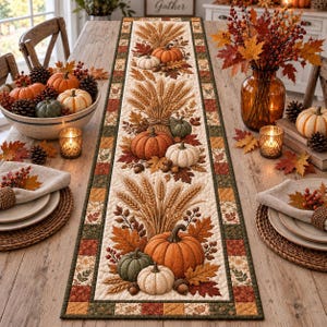 May include: A rectangular quilted table runner featuring a repeating autumn pattern of orange and green pumpkins, wheat stalks, and fall leaves. The runner has a patchwork border in shades of brown, green, and orange, designed for seasonal decor.