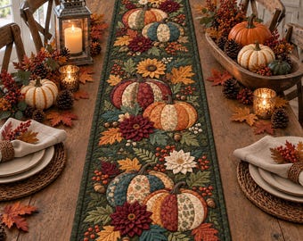 Quilted höstpumpa bordslöpare, höstblommig skörd lapptäcke matbordsdekor
