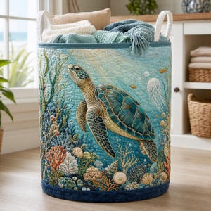 May include: A cylindrical fabric laundry hamper featuring a quilted exterior with a detailed underwater scene. The design displays a sea turtle swimming among colourful coral reefs, seashells, and a jellyfish. It has two white fabric handles.
