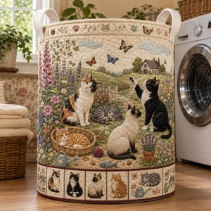 May include: A tall, cylindrical fabric laundry hamper featuring a quilted design with a garden scene. The print displays multiple cats, butterflies, flowers, and a small house. A border at the bottom shows individual cat portraits and garden items.