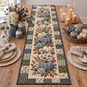 Camino de mesa acolchado de calabazas azules, camino de mesa de patchwork otoñal de estilo rústico, decoración rústica de comedor otoñal, mantelería de calabazas azules y verdes