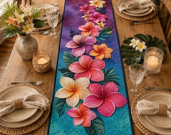 Quiltad Plumeria-bordslöpare, tropisk blommig hawaiisk sommarbordsdekoration