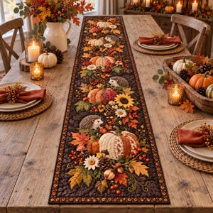 May include: A long, rectangular table runner featuring a dark brown background with a repeating autumn-themed pattern of fabric pumpkins, hedgehogs, sunflowers, white daisies, pinecones, red berries, and colorful fall leaves in orange and yellow.