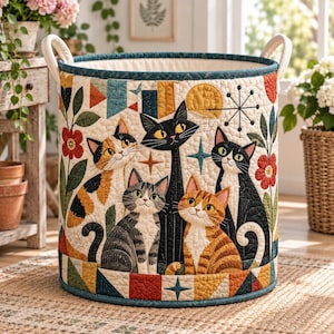 Puede incluir: Una cesta de almacenamiento cilíndrica de tela con un exterior acolchado y un patrón colorido de cinco gatos, flores rojas y formas geométricas. La cesta tiene dos asas de tela de color crema y un borde azul verdoso en la parte superior e inferior.
