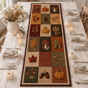 May include: A rectangular quilted table runner featuring a grid of autumn-themed squares. The fabric blocks display embroidered motifs of pumpkins, acorns, pinecones, mushrooms, wheat stalks, and various fall leaves in shades of orange, brown, and green.
