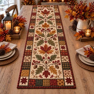 Camino de mesa acolchado de otoño, camino de mesa vintage de patchwork otoñal, decoración de comedor con bayas de hoja de arce, mantelería rústica de Acción de Gracias.