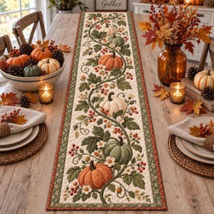 May include: A rectangular quilted table runner featuring a repeating pattern of orange, white, and green pumpkins, green leaves, and red berries on a cream background, framed by a dark green border with a small white floral print design.