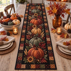 Peut inclure: Un chemin de table rectangulaire présentant un panneau central avec un motif répétitif de citrouilles, tournesols, feuilles d'automne et baies sur fond noir, bordé d'un design en patchwork de petits carrés aux couleurs automnales.