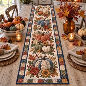 May include: A rectangular quilted table runner featuring a repeating pattern of fabric pumpkins, autumn leaves, sunflowers, and berries in shades of orange, green, blue, and cream, bordered by a multi-colored patchwork trim of small squares.