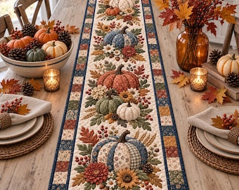 Quilted blå pumpa bordslöpare, höst höst skörd lapptäcke matbordsdekor