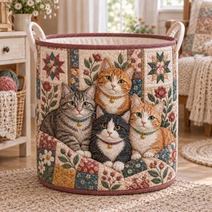 May include: A cylindrical fabric storage basket featuring a quilted patchwork design with floral and star patterns. The exterior displays four cats: a grey tabby, an orange tabby, a black and white cat, and a ginger cat, each wearing a small collar.