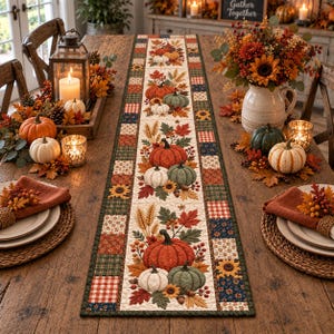 May include: A rectangular fabric table runner featuring a patchwork border of autumn-themed patterns and a central panel decorated with illustrations of pumpkins, wheat stalks, and fall leaves in shades of orange, green, and cream.