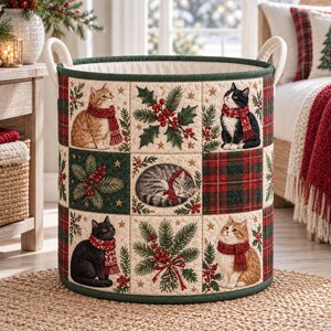Weihnachtlicher Wäschekorb mit Katzen-Patchworkmuster, Aufbewahrungskorb für Schals mit Winterkätzchen-Karomuster, festliche Deko-Box für Zuhause