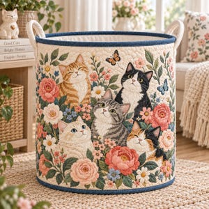 May include: A cylindrical fabric storage basket featuring a quilted cream-coloured exterior with a blue trim and two handles. The surface displays an embroidered pattern of five cats surrounded by colourful flowers, green leaves, and two butterflies.