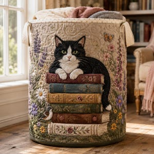 Könnte beinhalten: Ein zylindrischer Wäschekorb aus beigem Steppstoff mit einer Stickerei, die eine schwarz-weiße Katze auf einem Stapel aus sechs bunten, antik wirkenden Büchern zeigt. Das Design umfasst Blumenmotive, einen kleinen Vogel und einen Schmetterling.