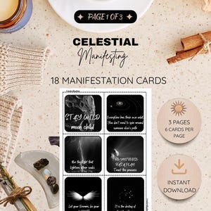 May include: A set of 18 Celestial Manifesting cards displayed on a page. The cards feature black backgrounds with white text and space-themed imagery, including a moon, lightning, wings, and constellations. The text includes phrases like Stay Wild Moon Child and The Universe Has A Plan. The layout indicates 3 pages with 6 cards per page, available as an instant download.