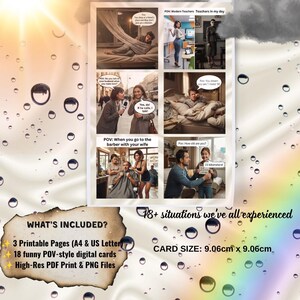 May include: A digital collection of 18 funny POV-style cards featuring six comic panels with text captions. The set includes 3 printable pages in A4 and US Letter sizes, high-resolution PDF and PNG files, and cards measuring 9.06 cm by 9.06 cm.