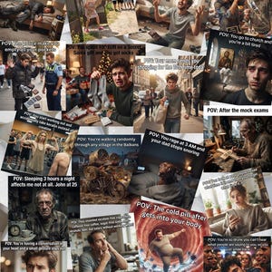 May include: A collage of various meme-style images featuring diverse scenarios with overlaid text including POV: Coming home after a 12-hour shift, POV: The police make you empty all your pockets, and POV: The cold pill after gets into your body.