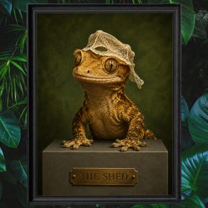 May include: A framed portrait of a brown crested gecko wearing a piece of shed skin as a hat. The gecko sits on a gray pedestal with a brass plaque that reads THE SHED. The background is a dark green, and the frame is black.