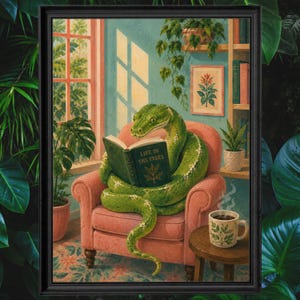 Peut inclure: Une illustration encadrée d'un serpent vert enroulé dans un fauteuil rose, lisant un livre vert intitulé Life in the Trees. La scène comprend une fenêtre, des plantes en pot, une impression botanique encadrée et une tasse de café sur une table.