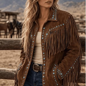 Women’s Western Fringe Leather Jacket | Brown Cowboy Jacket with Turquoise Stud Detailing