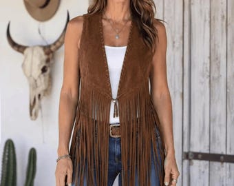Chaleco de piel de ante marrón para mujer | Chaleco vaquero vintage | Estilo bohemio vaquero
