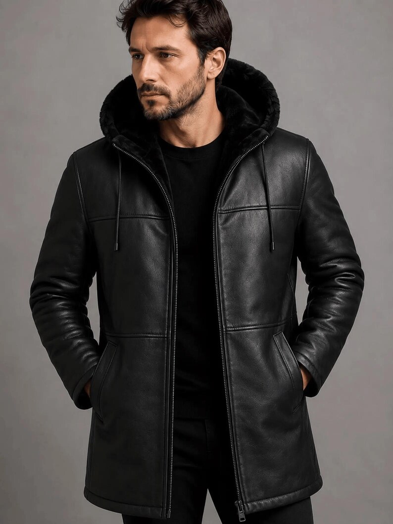 May include: A black leather jacket featuring a hood lined with black fur, a full-length front zipper, long sleeves, and two side pockets. The jacket has a smooth finish and horizontal seam detailing across the chest and torso area.