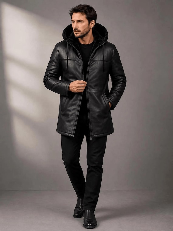 Men’s Genuine Leather Winter Coat with Faux Fur Hood – Hooded Leather Jacket